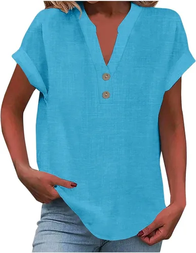 Miniatura 17 de Camisas de lino para mujer 2025 verano casual cuello en V botón abajo manga corta tops moda cómodo negocio trabajo blusas, beige (A-Beige)