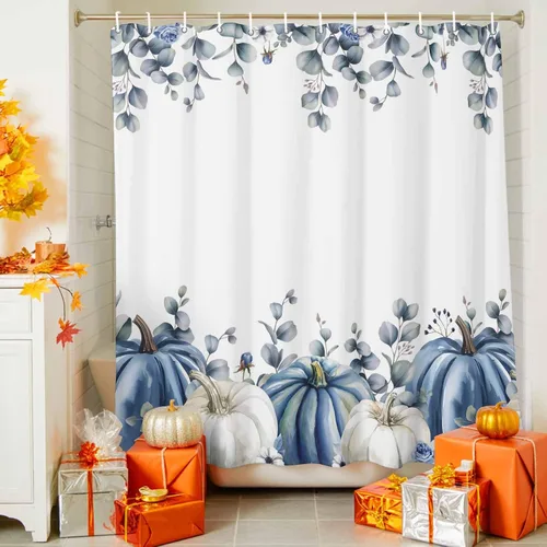 Miniatura 3 de Cortina de ducha de calabaza azul para baño, calabazas blancas, hojas verdes, cortinas de baño con ganchos, tela de poliéster impermeable, cortinas