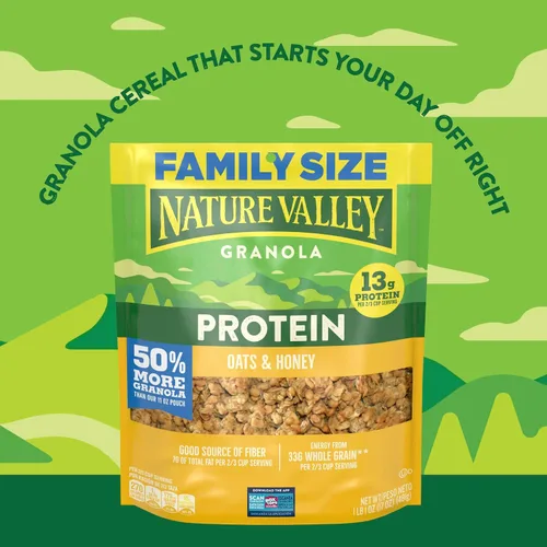 Miniatura 6 de Nature Valley Granola proteica, granola de avena y miel, bolsa resellable para aperitivos, tamaño familiar, 17 onzas