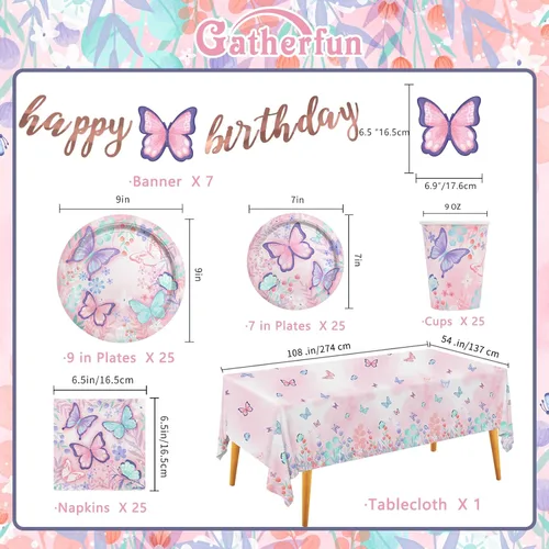 Miniatura 2 de Suministros de fiesta de cumpleaños de mariposas, platos de papel desechables, servilletas, vasos, mantel y pancarta para decoración de cumpleaños