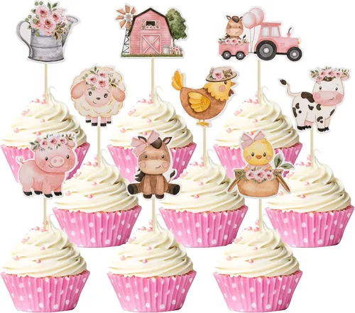Gyufise 36 adornos para cupcakes de animales de granja rosas con diseño floral rosa para niñas, diseño de animales de granja, para cumpleaños,