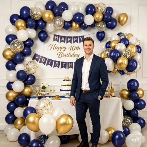 Miniatura 8 de Globos azul marino y dorados, 50 piezas de globos de confeti azul marino perla doble relleno blanco arena metálico cromado dorado de 12 pulgadas