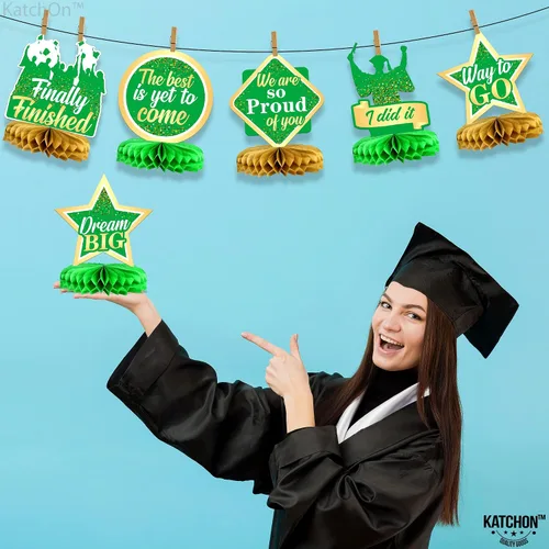 Miniatura 7 de Decoraciones de graduación 2026, centros de mesa de graduación verdes y dorados para mesas 2026 – Paquete de 9 Decoraciones de nido de abeja
