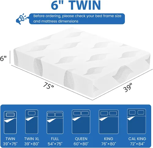 Miniatura 2 de KOW Colchón individual de espuma viscoelástica de 6 pulgadas en una caja con funda extraíble lavable, firmeza media para dormir fresco, alivio
