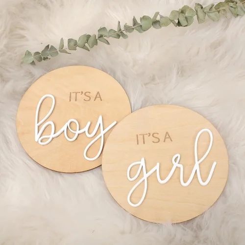 Miniatura 8 de 1 letrero de madera con texto en inglés "It's a Girl", decoración bohemia de revelación de género, anuncio de embarazo acrílico para niño o niña