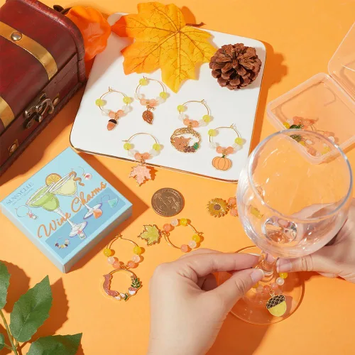 Miniatura 3 de SUNNYCLUE 1 caja de 12 dijes de copa de vino, bola de cristal dorada, etiqueta de victoria, identificación de bebidas de otoño para reunión, boda