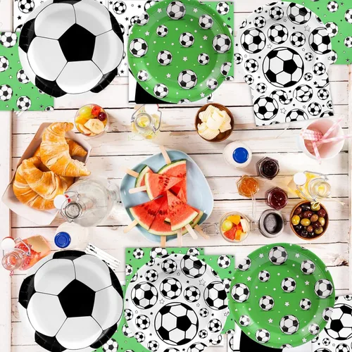 Miniatura 4 de 120 piezas de decoración de fiesta de fútbol, suministros de fiesta de cumpleaños de fútbol, juego de vajilla desechable con estampado de fútbol