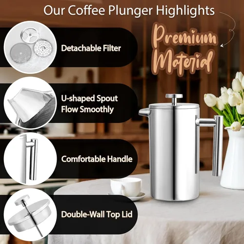 Miniatura 3 de Miuly French Press - Prensa de café de acero inoxidable 304 con doble aislamiento de 34 onzas, cafetera de acero inoxidable (34 onzas, plateada)