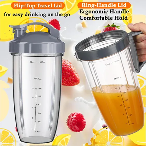 Miniatura 3 de NutriBullet - Juego de 8 tazas y cuchillas de repuesto NutriBullet de 32 onzas con 1 tapa abatible para llevar y 1 mango de anillo para licuadora