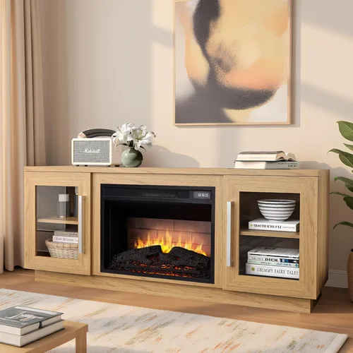 Miniatura 9 de Cheerway Soporte de TV con chimenea 3D para televisores de hasta 65 pulgadas, mesa de centro de entretenimiento multimedia de madera y gabinetes