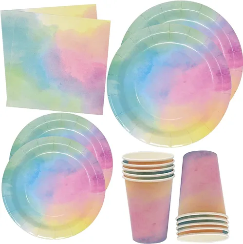Juego de suministros de fiesta de arcoíris pastel que sirve 24 platos, servilletas, tazas, vajilla de acuarela, decoración de cumpleaños, baby