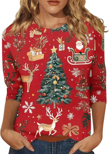 Miniatura 68 de Camisetas de manga 3/4 para mujer, cuello redondo, holgadas, casuales, con estampado floral, camisetas de moda para el trabajo de negocios