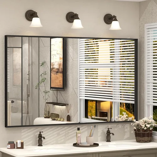 Miniatura 67 de Paquete de 2 espejos de baño con marco de metal negro de 22 x 30 pulgadas, espejo rectangular redondeado negro mate, antioxidante, se cuelga