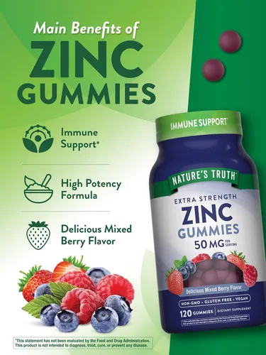 Miniatura 5 de Nature's Truth Gomitas de zinc para adultos 50 mg 120 unidades Suplemento vegano, sin OGM y sin gluten Sabor mixto de bayas