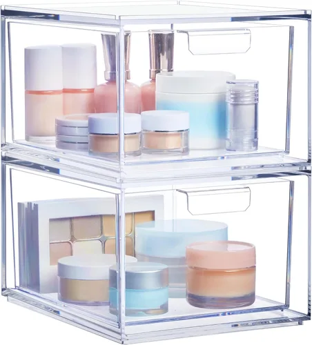 STORi Audrey - Cajones organizadores apilables de plástico transparente | Juego de 2 piezas | Organiza cosméticos y suministros de belleza en un