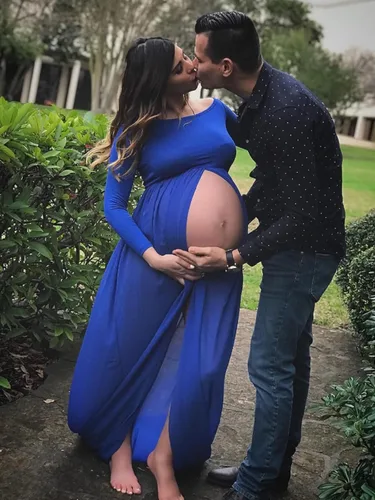 Miniatura 4 de YnimioAOX Vestido de maternidad para mujer con hombros descubiertos de manga larga para fotografía, vestido de gasa para maternidad para sesión