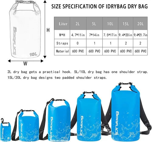 Miniatura 3 de IDRYBAG Bolsa seca para kayak impermeable 2L/5L/10L/15L/20L, pequeña bolsa impermeable para navegación Azul claro