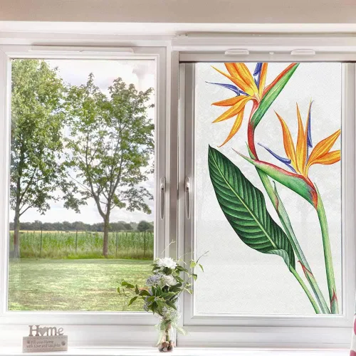 Miniatura 3 de Película esmerilada de colores hawaianos para ventana, privacidad, pintura tropical de un pájaro del paraíso flor sobre fondo liso, vidrio