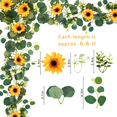 Miniatura 2 de Uieke Paquete de 2 guirnaldas artificiales de girasol, 6 pies/hebra, girasoles de seda colgantes enredaderas, guirnalda de flores con hojas verdes