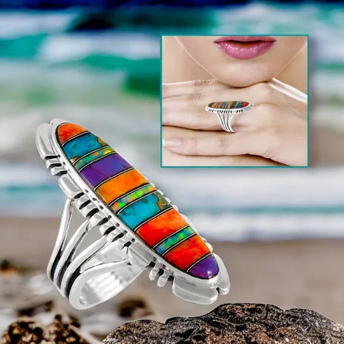 Miniatura 5 de Anillo de piedras preciosas de coral turquesa en plata de ley 925