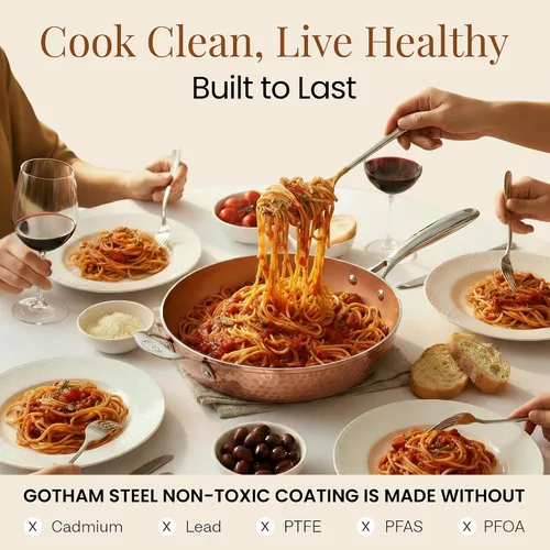 Miniatura 6 de Gotham Steel Juego de sartenes martilladas, 3 sartenes antiadherentes de cobre, sartén de 8, 10 y 12 pulgadas, sartén para tortillas, utensilios