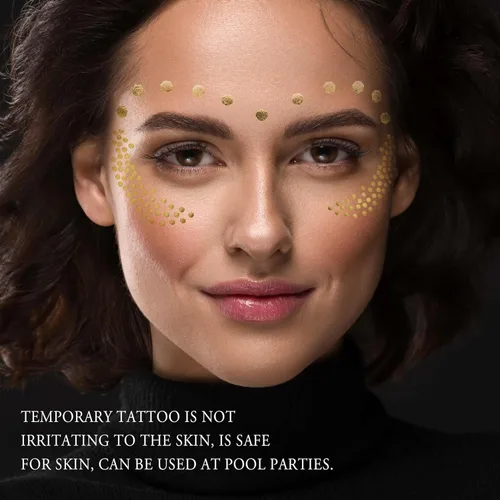 Miniatura 6 de 1 hoja de tatuajes faciales temporales metálicos dorados, pecas sintéticas, calcomanías de maquillaje, impermeables, brillantes, arte corporal