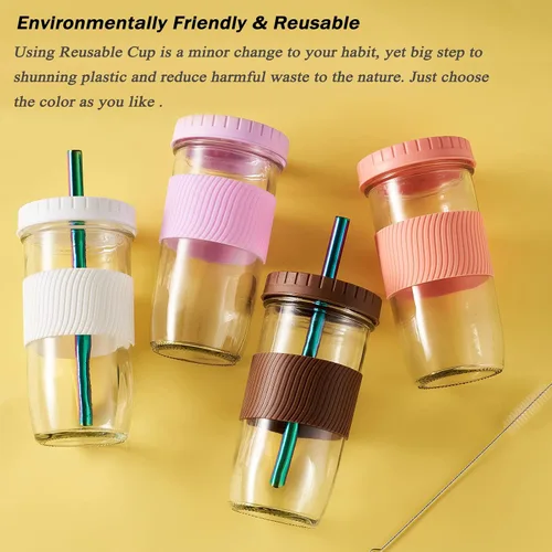 Miniatura 7 de Amyoole Paquete de 2 tazas Boba reutilizables, vasos de batido de boca ancha de 24 onzas, vasos de vidrio con tapas y popotes, tazas de té