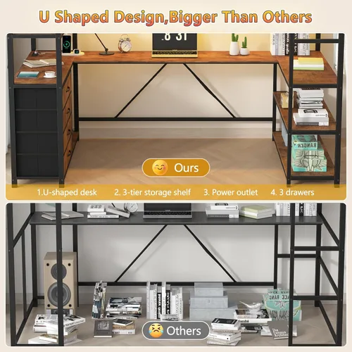 Miniatura 8 de Cama elevada de tamaño individual con almacenamiento y cabecero tapizado, estructura de cama elevada de metal con escritorio en forma de U y luces