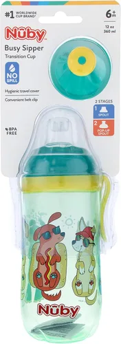 Miniatura 6 de Nuby Vaso de 2 etapas con boquilla de silicona antiderrames y ventana emergente de flujo libre, 12 onzas, surtido (colores/diseños pueden variar)