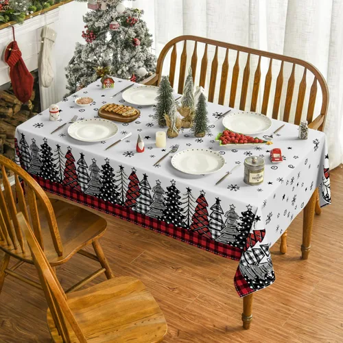 Miniatura 2 de Horaldaily Mantel de Navidad 52×70 Pulgadas, Mantel de Árboles de Navidad a Cuadros de Búfalo Rojo Lavable para Decoración de Fiesta, Picnic, Cena