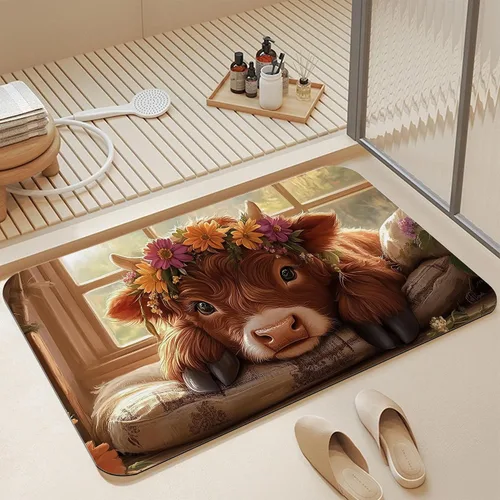 Miniatura 13 de Alfombras de baño de diatomáceas, bonita decoración de baño de gatos, alfombra de baño antideslizante con flores rosadas, de secado rápido, fácil