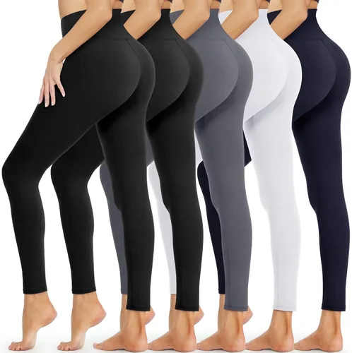Opuntia Paquete de 5 leggings para mujer, cintura alta, control de abdomen, suaves, color negro, pantalones de yoga adelgazantes para entrenamiento