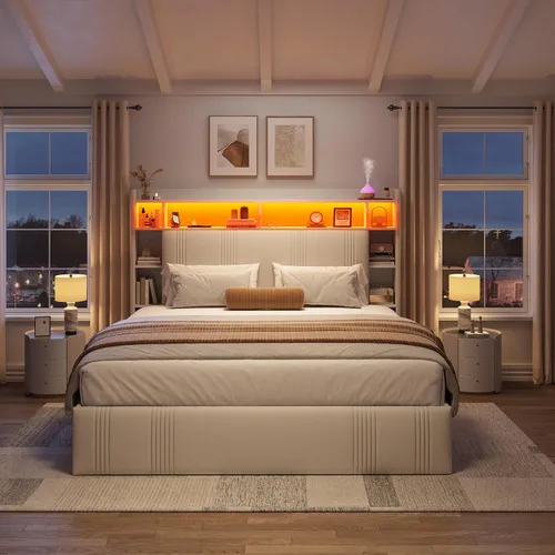 Miniatura 4 de EnHomee Base de cama de tamaño matrimonial con cabecera tapizada con estante, 4 cajones grandes, luces LED, estación de carga, plataforma resistente