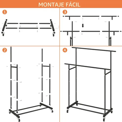 Miniatura 9 de Calmootey Perchero de ropa de doble varilla, organizador portátil para colgar ropa, organizador de ropa rodante para dormitorio, sala de estar, Negro