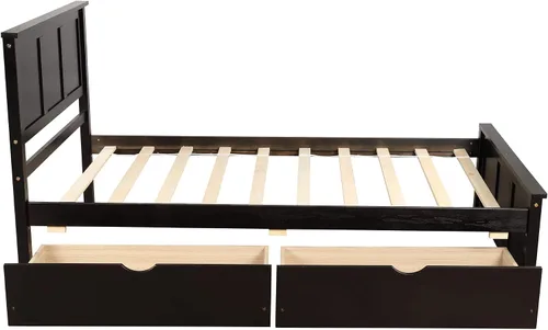 Miniatura 4 de P PURLOVE Marco de cama de tamaño individual con dos cajones debajo, marco de cama de plataforma doble de madera con cabecera con soporte de Espresso