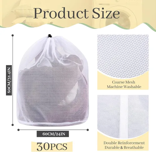 Miniatura 2 de 24 bolsas de lavandería de malla fina de 24 x 32 pulgadas con cordón, bolsa de malla grande y resistente, lavable a máquina, red con cordón