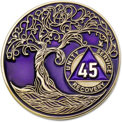 Miniatura 23 de 20 Year Sobriety Mint Twisted Tree of Life - Medallón de recuperación AA chapado en oro, fichas y fichas, color negro
