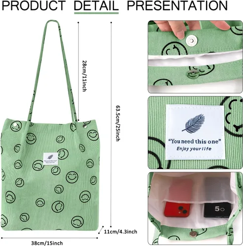 Miniatura 40 de Ayieyill - Bolsa de pana para mujer y niña, con correa de lona para colgar al hombro, bolsa con bolsillo