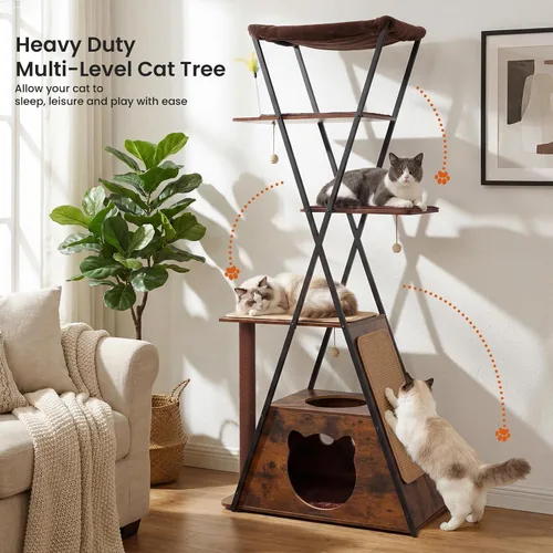 Miniatura 4 de Árbol moderno de madera para gatos grandes de 71 pulgadas, torre alta y resistente para gatos de interior, muebles para gatos de varios niveles