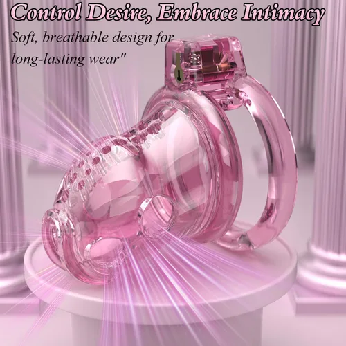 Miniatura 5 de Jaula de castidad masculina – Jaula de pene rosa ligera con parte delantera de plástico suave y anillos de 6 tamaños, cómodo dispositivo de castidad