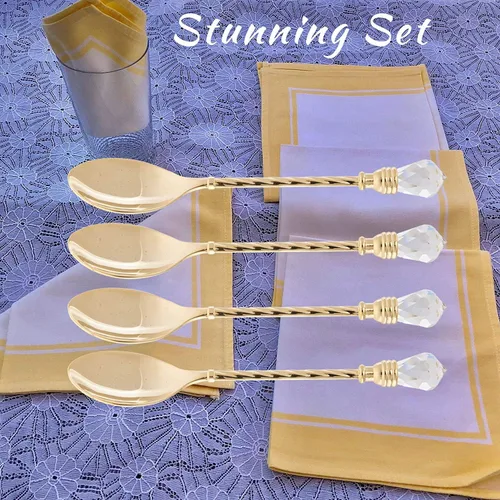 Miniatura 6 de Matashi Cuchara de postre chapada en oro de 24 quilates (juego de 4) – Regalo del día de San Valentín para ella – Vajilla elegante para cena
