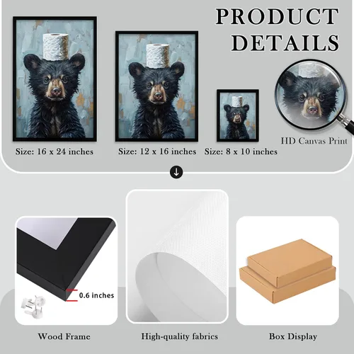 Miniatura 7 de Arte de pared de lienzo enmarcado para baño con oso negro tierno, decoración divertida para baño con animales, adorable oso con papel higiénico