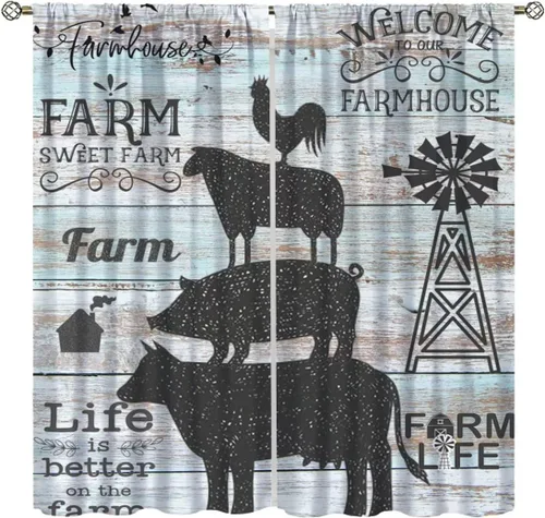 Miniatura 12 de Cortinas rústicas para ventana, molino de viento de granja, vaca, decoración del hogar, cortinas con estampado de animales de campo occidental
