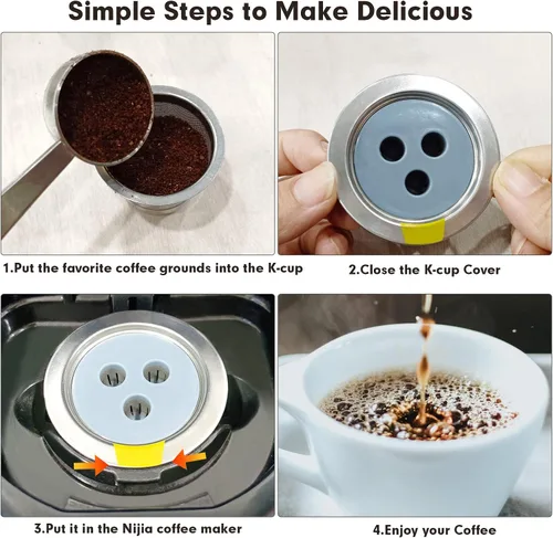 Miniatura 5 de Tazas K reutilizables compatibles con cafetera Ninja, paquete de 4 cápsulas de café reutilizables de acero inoxidable, filtros de café permanentes K
