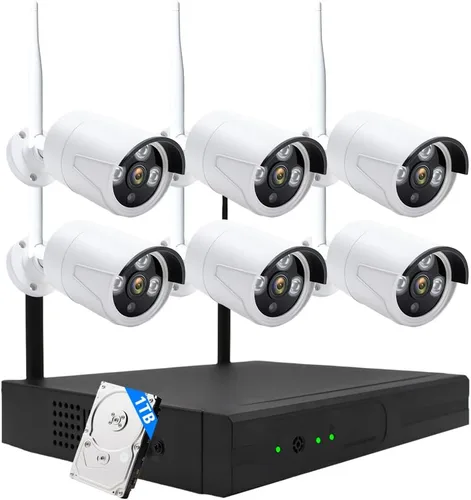 Sistema de cámara de seguridad inalámbrica de 3 MP: 6 cámaras bala Wi-Fi + NVR de 10 canales, visión nocturna IR de 49.2 ft, IP66 resistente a la