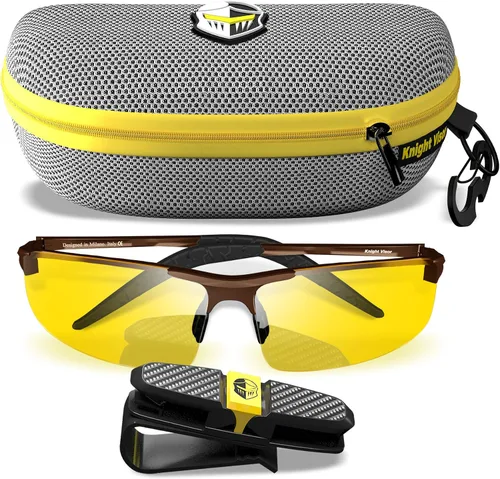 BLUPOND Lentes de conducción nocturna para hombres y mujeres, visión amarilla HD para máxima claridad, visera caballero (funda marrón/gris, amarillo