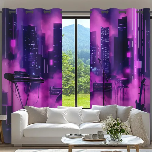 Miniatura 2 de Neon Synthwave Kitchen Curtains 2 Panels, Neon Cyberpunk Blackout Curtains Thermal Insulated Small Window Curtains, Colorful Futuristic Drapes