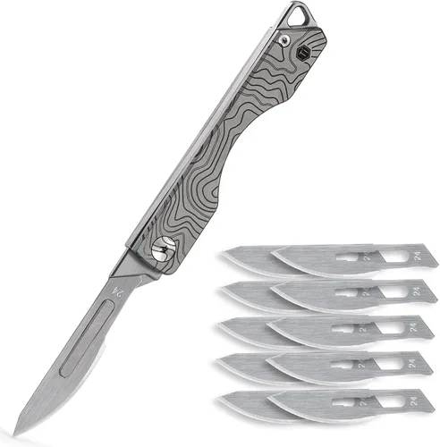 Miniatura 13 de KeyUnity KK01 Cuchillo plegable de titanio, cuchillo de bolsillo EDC con hoja reemplazable #24, para caza al aire libre, campamento, pesca
