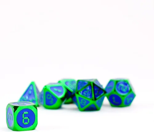Miniatura 9 de FanRoll - Juego de dados poliédricos de metal de 0.630 in: verde con esmalte azul, dados de juego de rol para Calabozos y Dragones