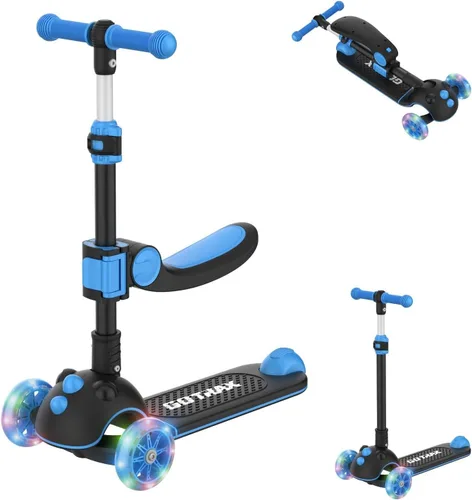 Gotrax KS3 Pro - Monopatín plegable para niños, asiento removible con una sola llave y 3 ruedas PU extra anchas con luces, antideslizante y Azul